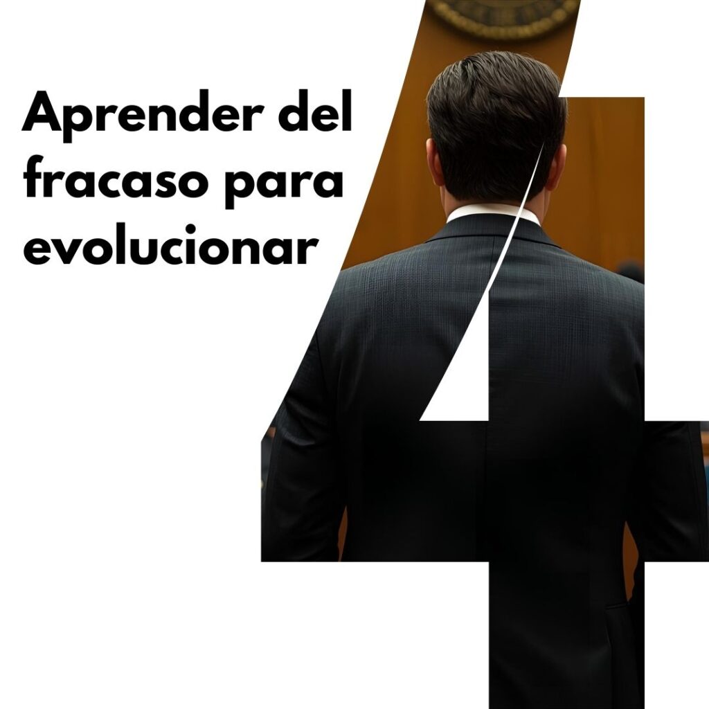 Abogado de espaldas en un juicio con texto de aprender del fracaso para evolucionar. Hecha por IA