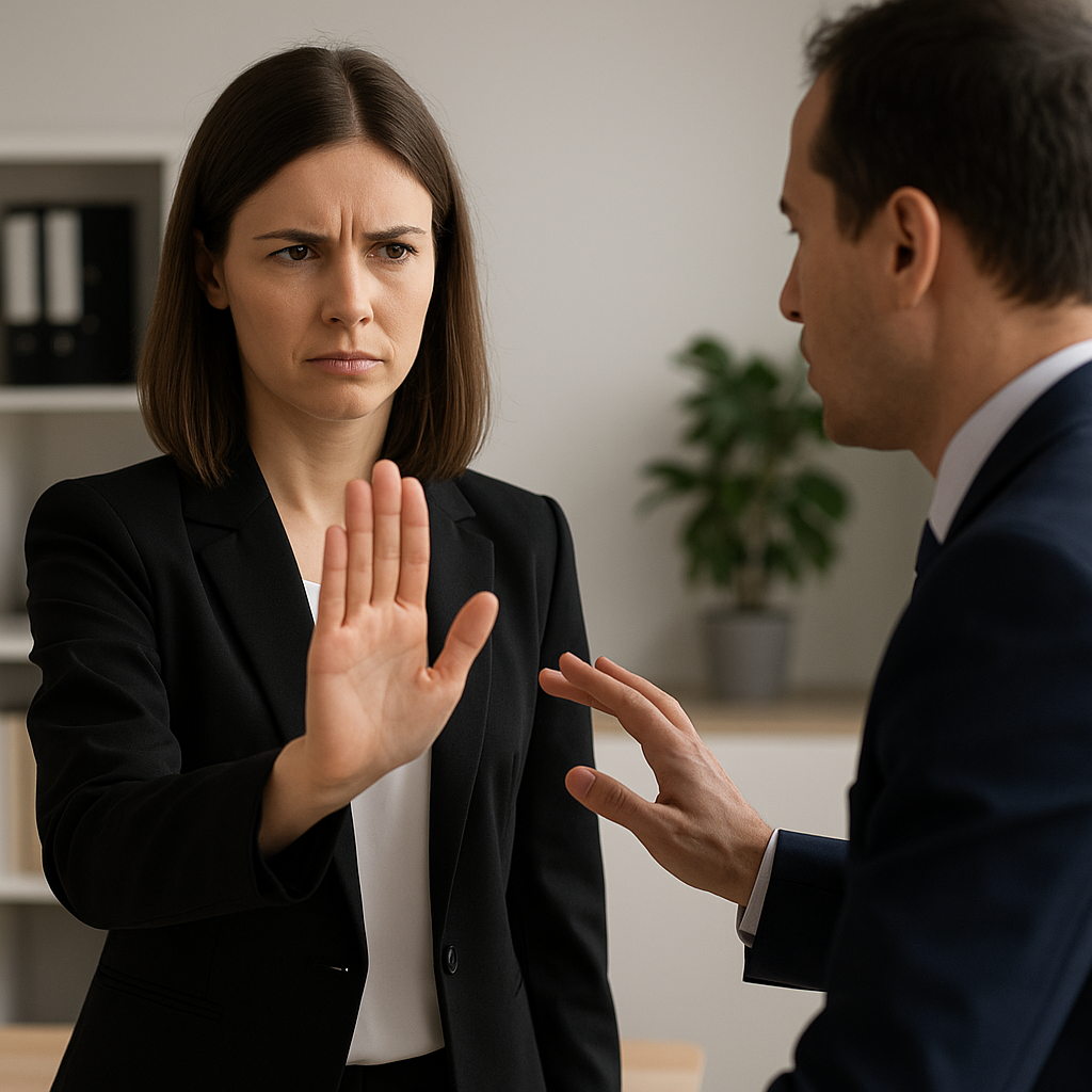 chica que frena con la mano el comportamiento o conversación a otro en la oficina para evitar el acoso laboral
