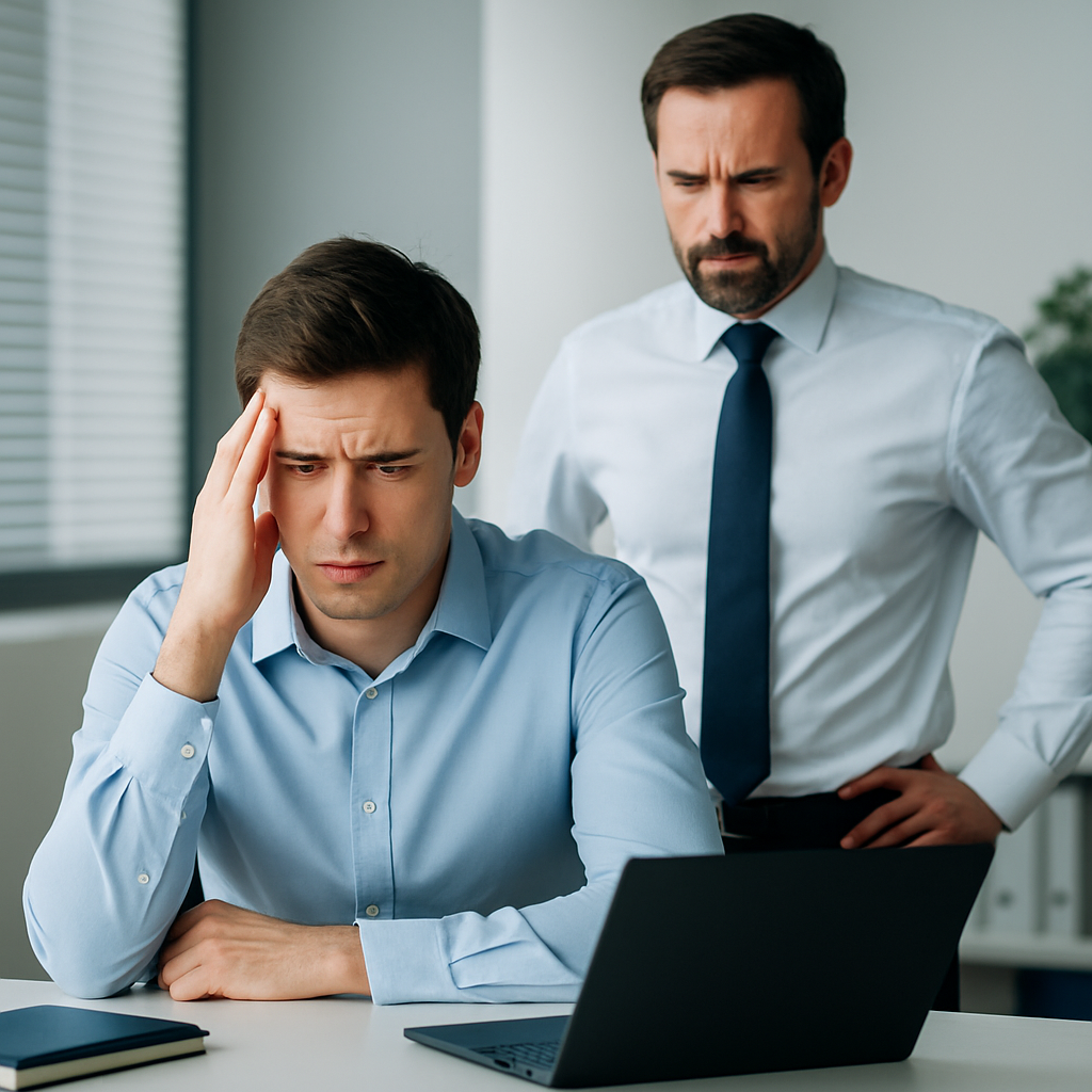 chico en oficina triste porque puede estar sufriendo acoso laboral por un superior