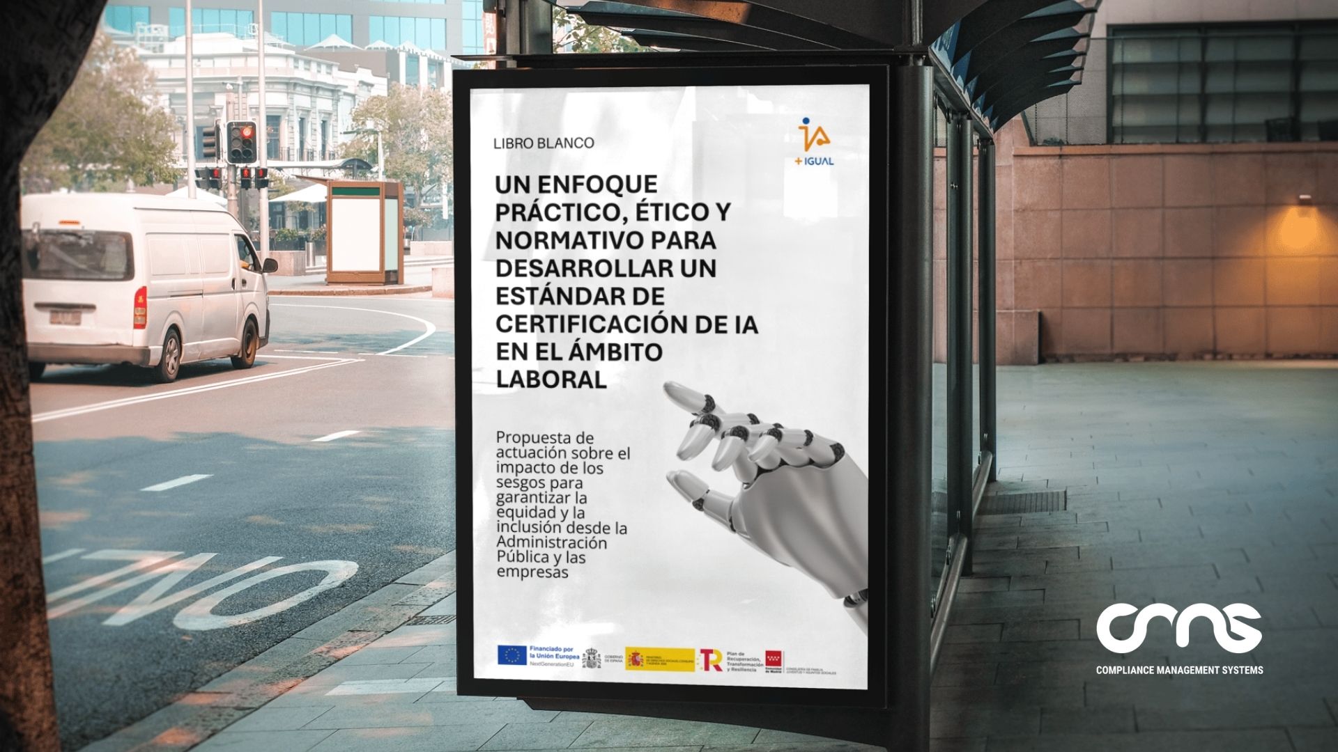Portada del Libro Blanco del proyecto IA+Igual sobre la regulación de la IA en Recursos Humanos. Libro impreso en un mupi.